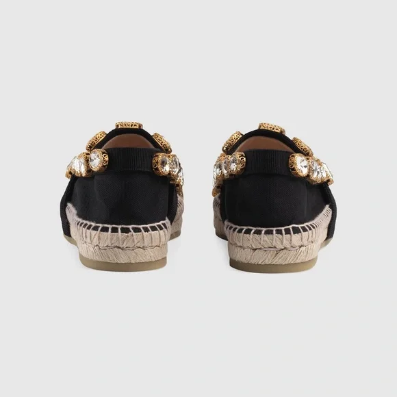 Authentic Gucci Black and Gold Canvas Espadrilles with Crystal Embellishments